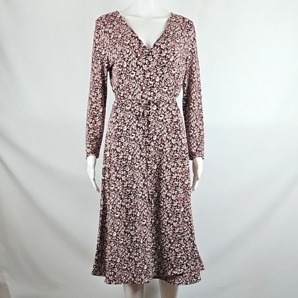 NWT Banana Republic Black White Burgundy Floral Print Long Sleeve Wrap Dress - Picture 1 of 16